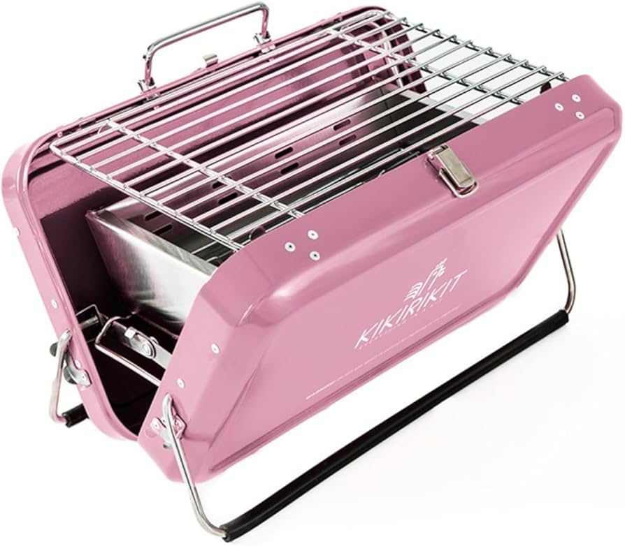 Candy Pink Kikirikit Foldable Portable Charcoal Barbecue Kit with handle, metal grate, and legs—perfect for outdoor grilling.