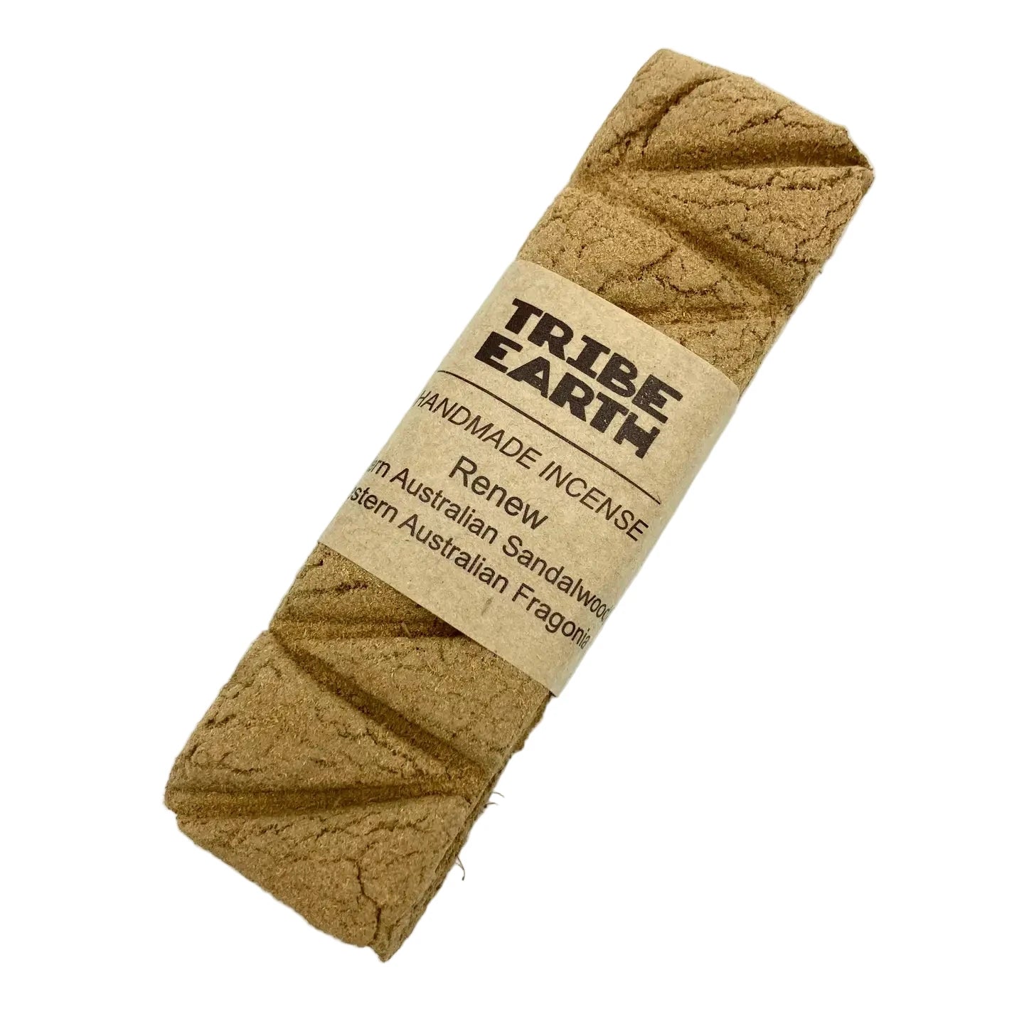 Tribe Earth Incense Plank Bar Renew - handmade sandalwood and fragonia incense, eco-wrapped in brown paper band.
