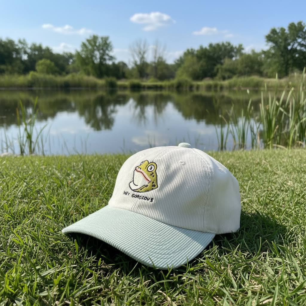 Forager Provisions LTD two-tone corduroy dad hat with a frog embroidery and Hey Gorgeous text on grass by a pond