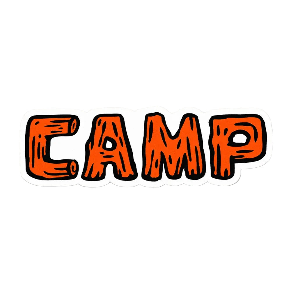Bold orange wood-style CAMP letters on a Union Made waterproof vinyl sticker, perfect for outdoor adventure and camping gear.