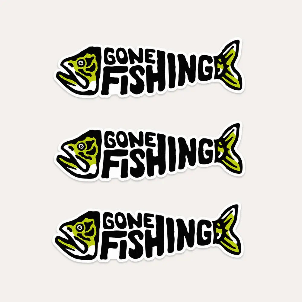 Set of three fish-shaped "Gone Fishing" vinyl stickers, union made, waterproof and durable—great fishing gear decals for anglers.