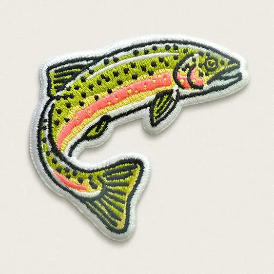 Union Made Jumping Salmon Iron On Patch with green and pink salmon, perfect for jackets or bags, on a light background.