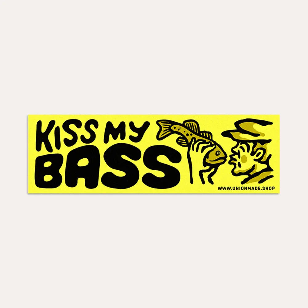 Union Made Kiss My Bass bumper sticker, large waterproof vinyl with cartoon fish; fishing car decal, union-made, humorous gift.