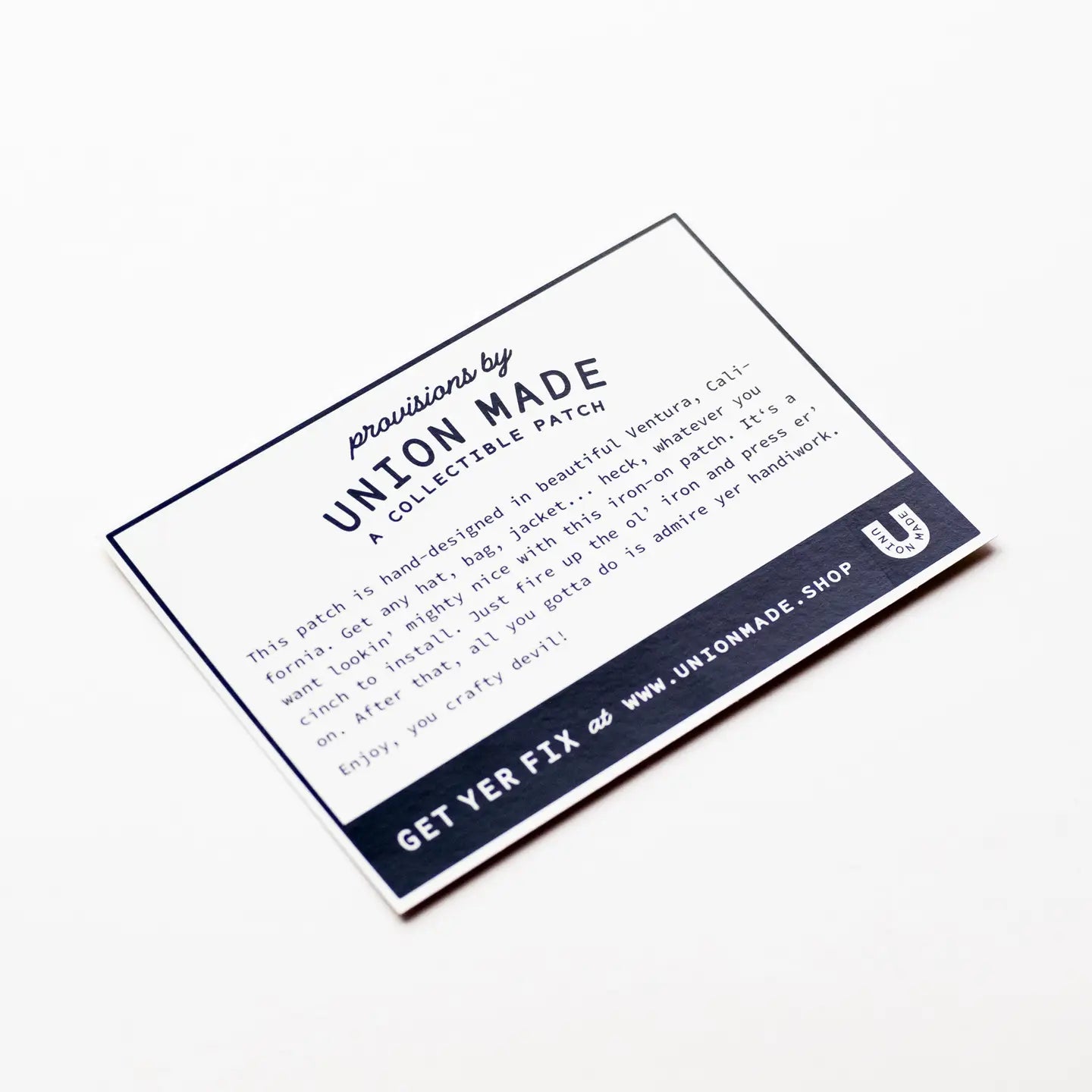 Gone Fishing Union Made oval embroidered iron on patch info card with website link and details on a clean white background.
