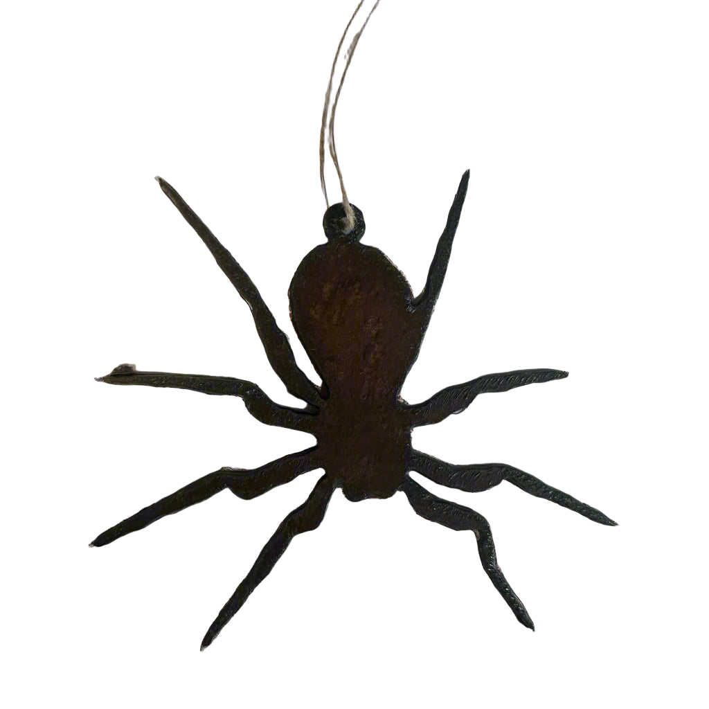 Universal Ironworks Spider Hanging Decoration—black metal spider ornament hangs by string, Halloween décor, white background.