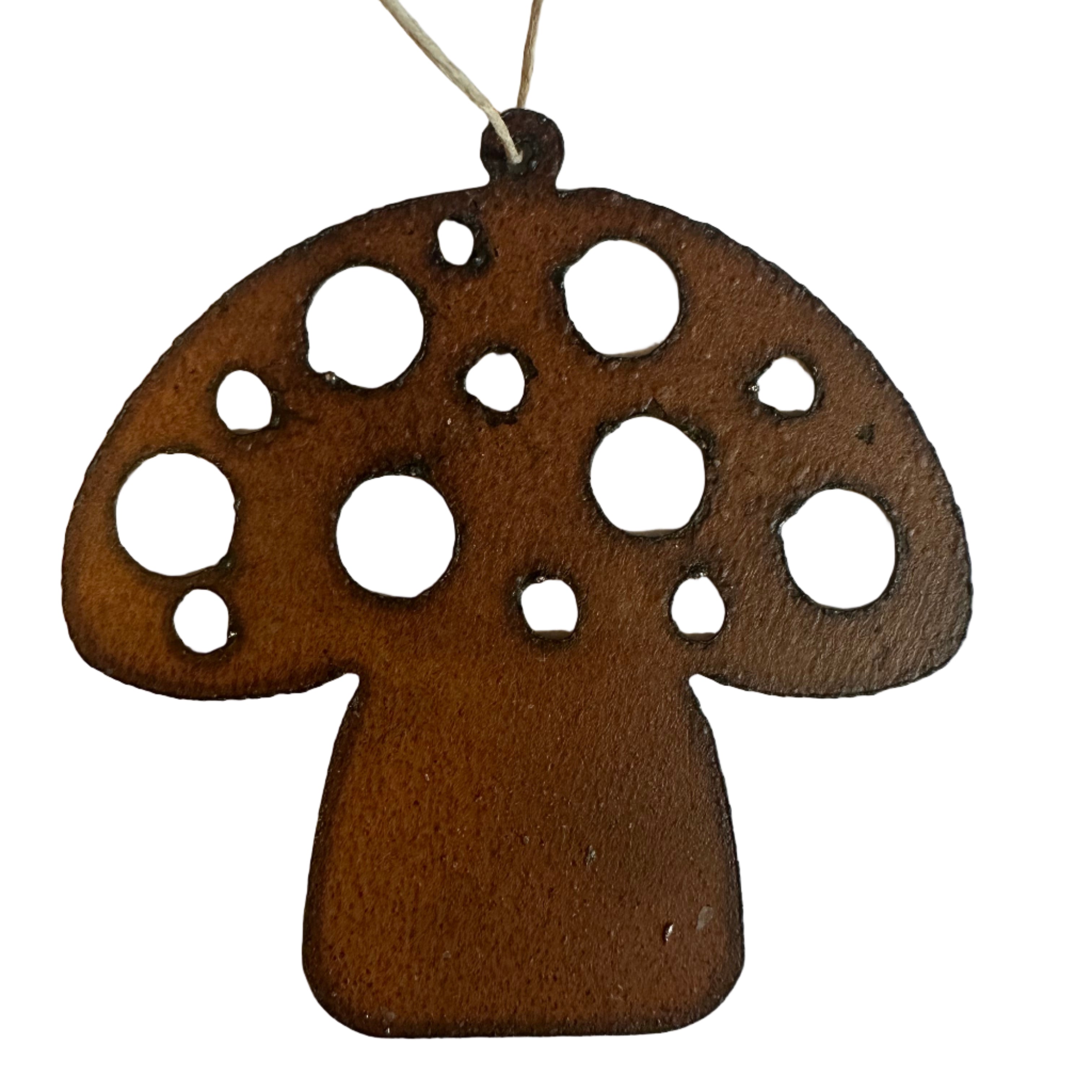 Universal Ironworks Redcap Mushroom Decoration: whimsical mushroom ornament, red cap design, decorative hanging by string, unique gift.