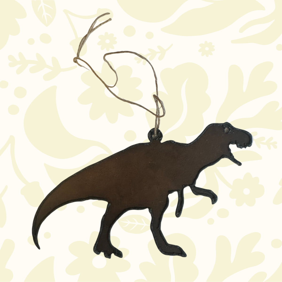 Universal Ironworks T-REX Hanging Decoration, brown dinosaur ornament with string loop, displayed on white background for sale.