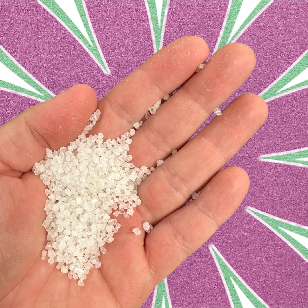 Hand holds Forager Provisions Hiker Bath Salts 1KG Dead Sea Salts, with purple, green, and white background for wellness.