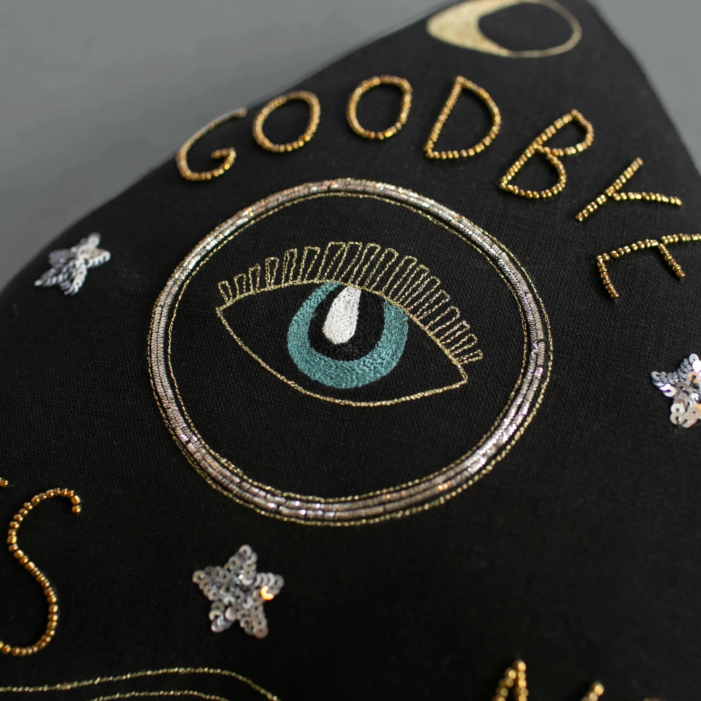 Skippy Cotton Ouija Board Pillow—black with gold lettering, blue eye, moon & star—mystical home decor accent cushion.