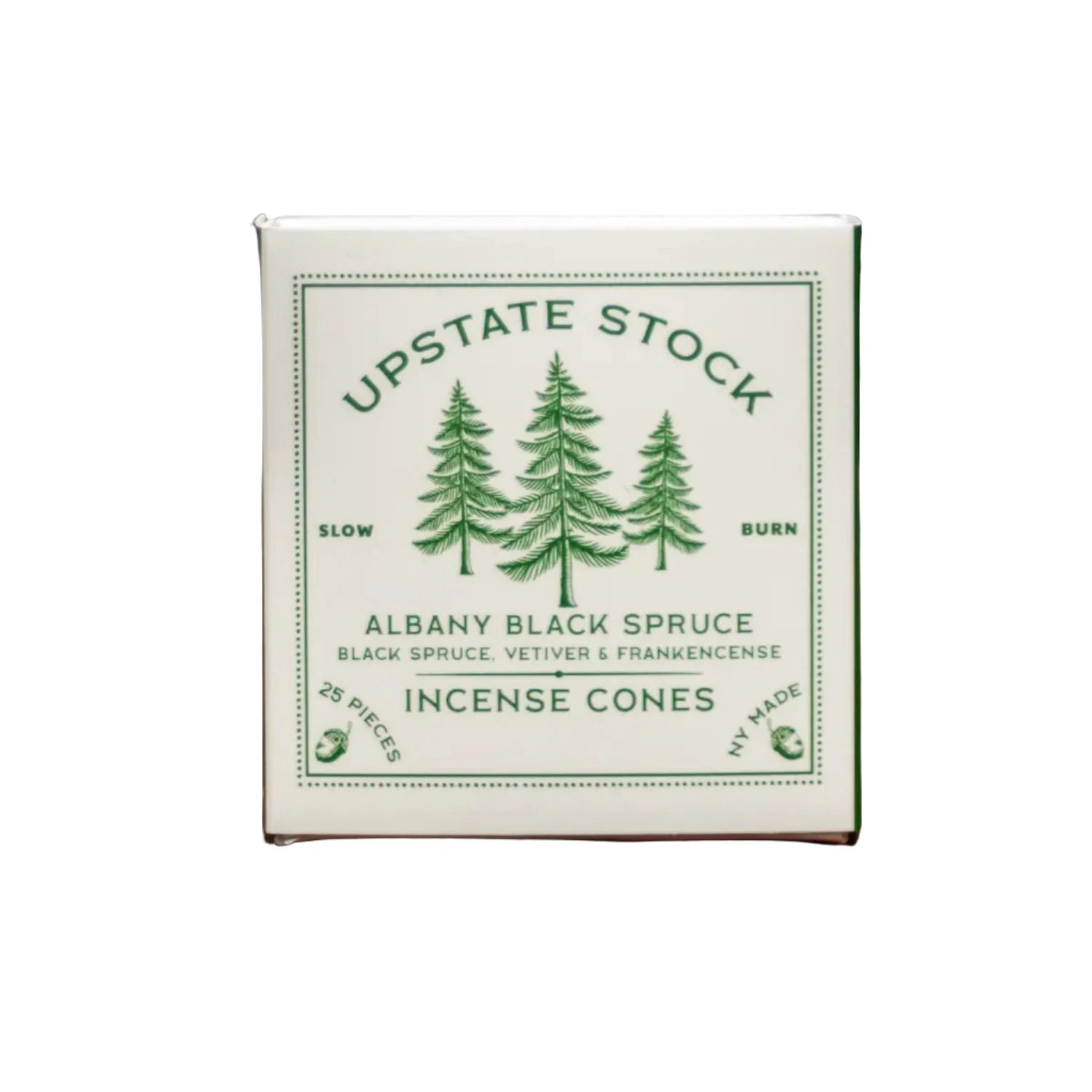 A green and white front cover of the font with an image of spruce trees stating the words ‘upstate stock’ Albany black spruce, incense cones.
