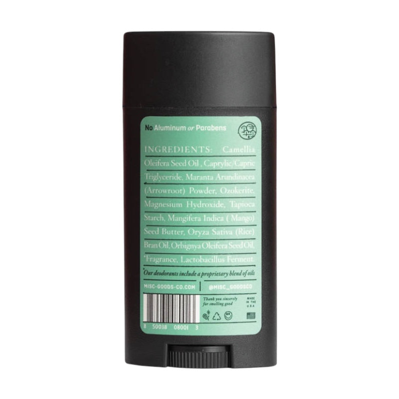 A black cylindrical deodorant stick with a green label reading "Misc Goods Co Valley Of The Gold Natural Deodorant" in 75g, boasting eco-friendly packaging and proudly aluminium & paraben free.