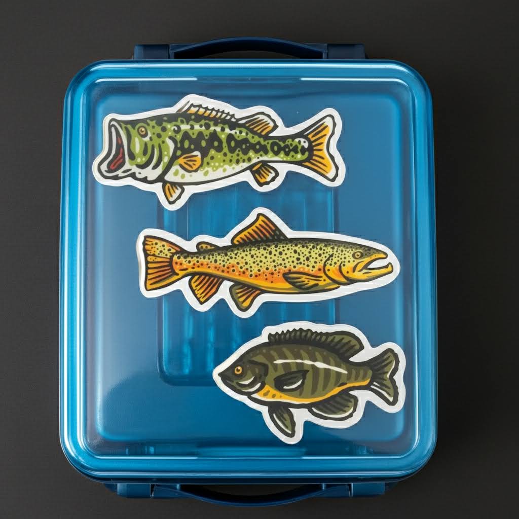 Forager Provisions LTD freshwater fish vinyl sticker set featuring a bass, trout, and bluegill on a blue tackle box.