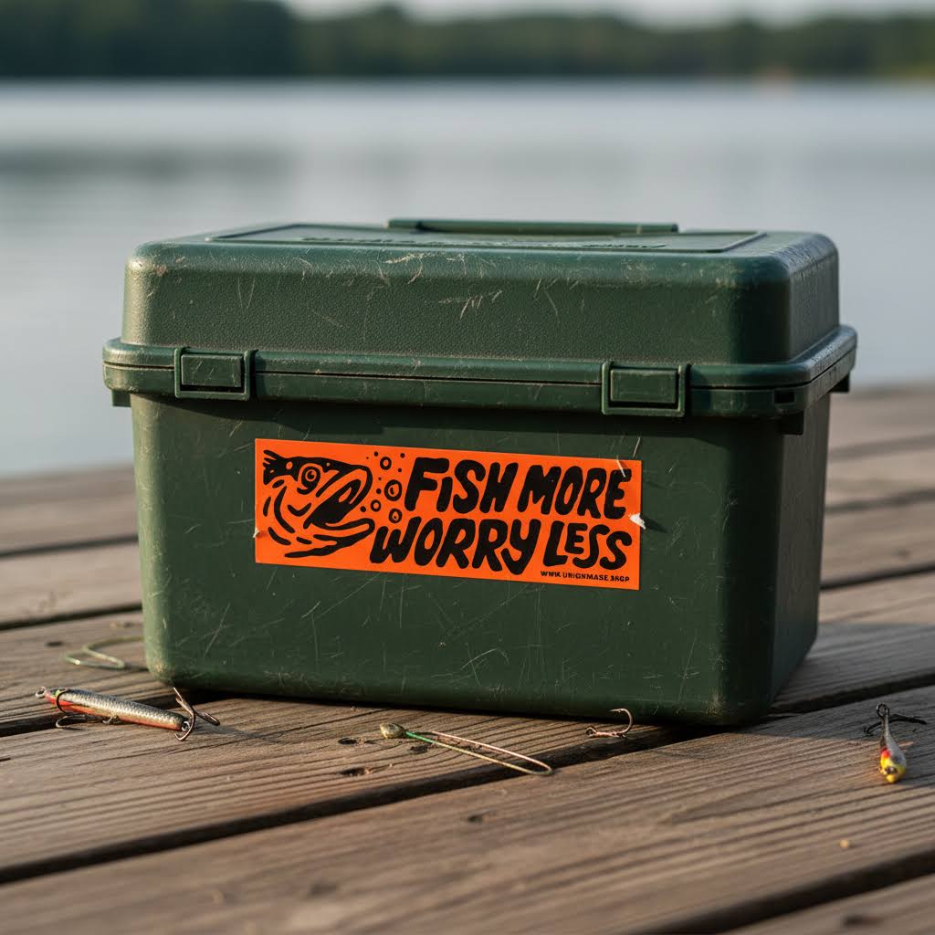 Forager Provisions LTD Fish More Worry Less bumper sticker on a green fishing tackle box by a lake