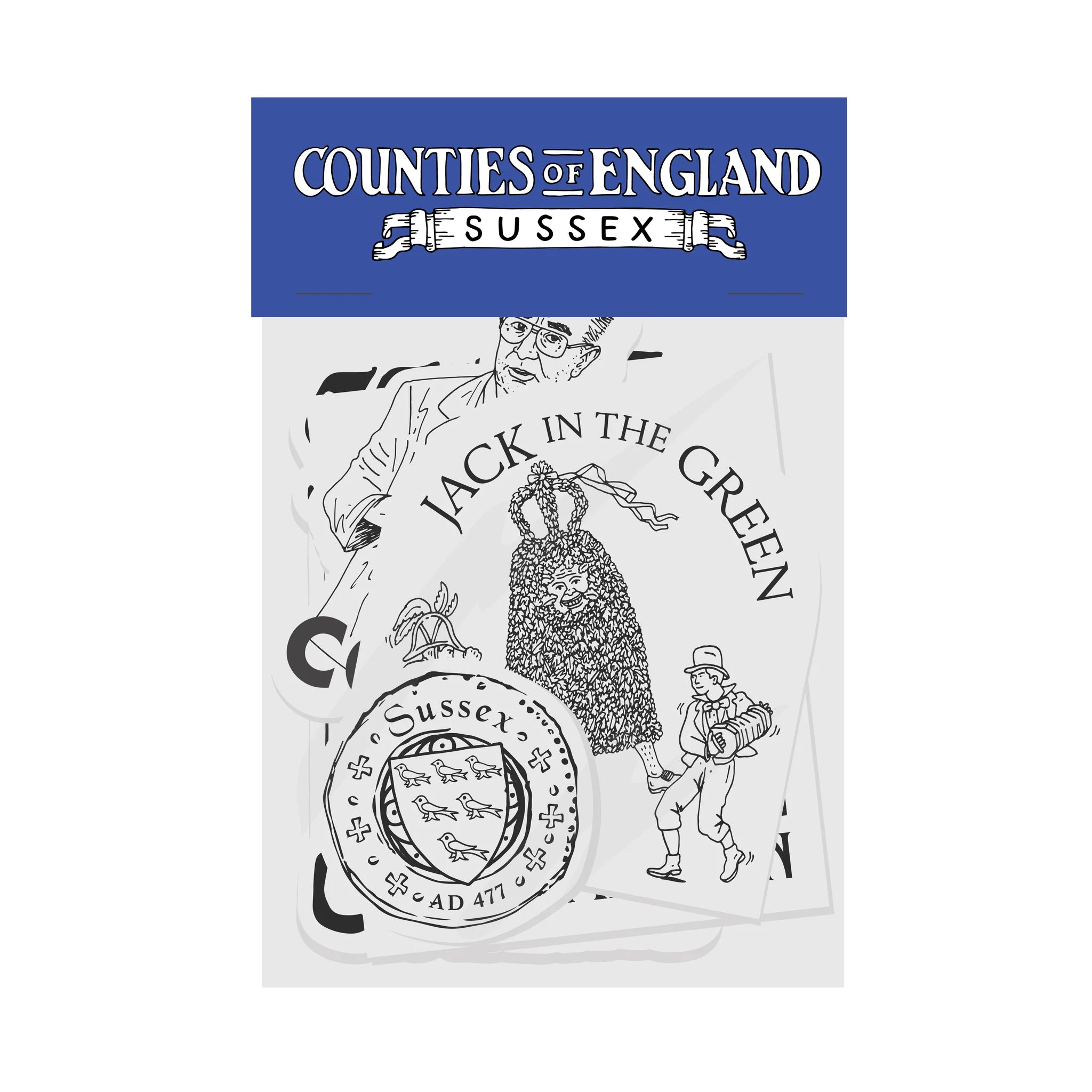 Weird Walk 5 Sticker Pack: Sussex edition. Black & white stickers, folklore art, unique Sussex legends design collection.