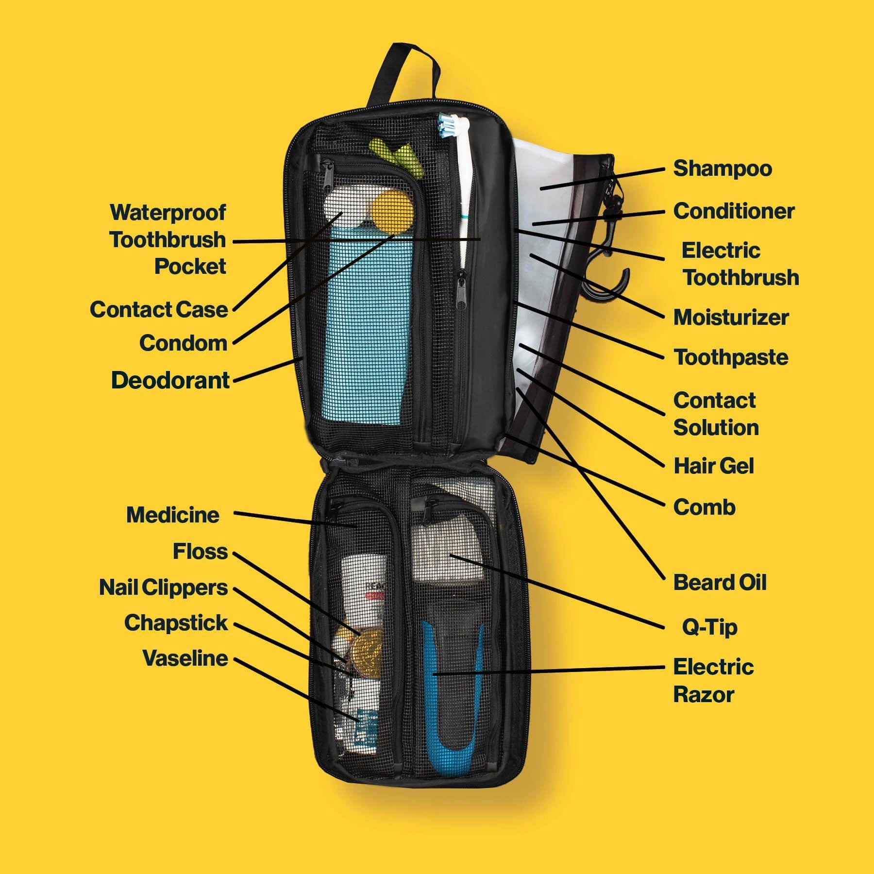 Gravel Explorer Plus™ TSA toiletry bag open on yellow, labeled for shampoo, deodorant, razor; travel bag organizer.