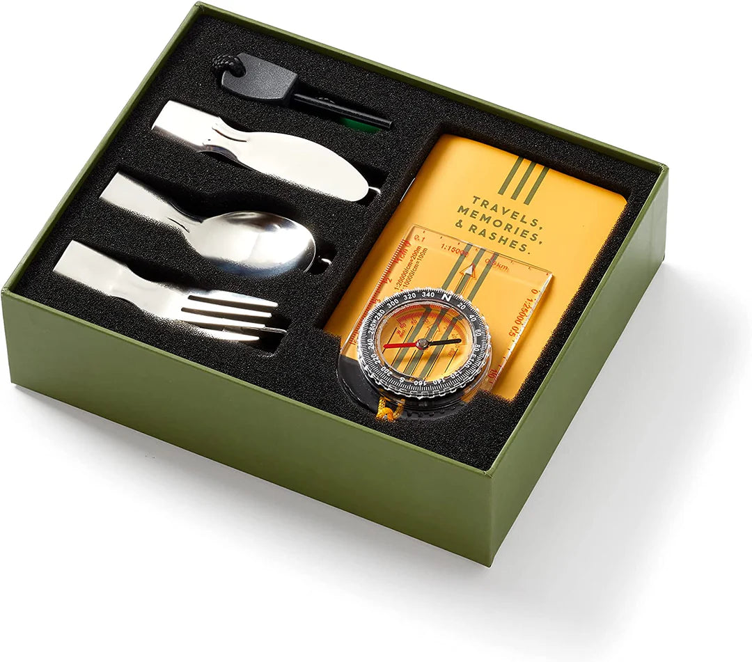 Brass Monkey Get Lost On Purpose Kit: spork, mini notebook, pencil, compass in green box—adventure gear gift set.