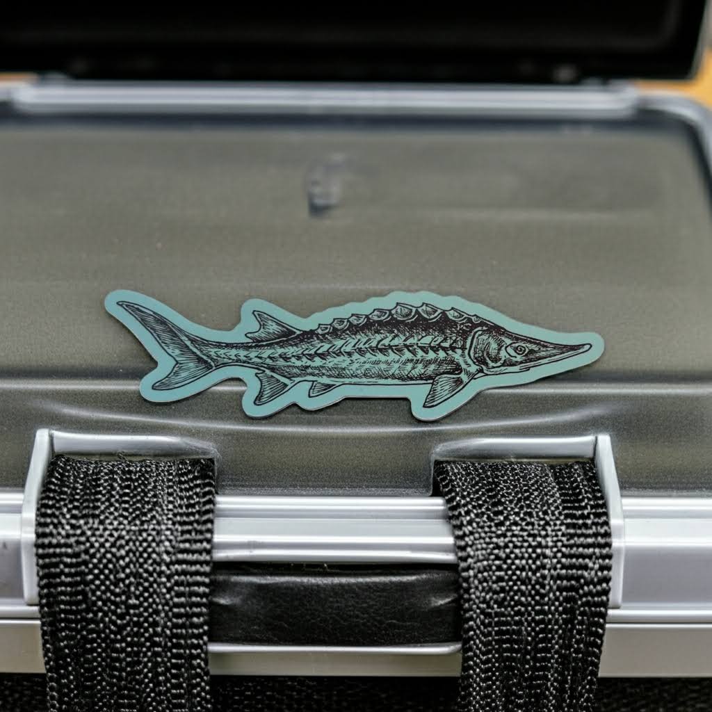 Forager Provisions LTD outdoor-rated vinyl sticker featuring a detailed black ink illustration of a sturgeon fish.
