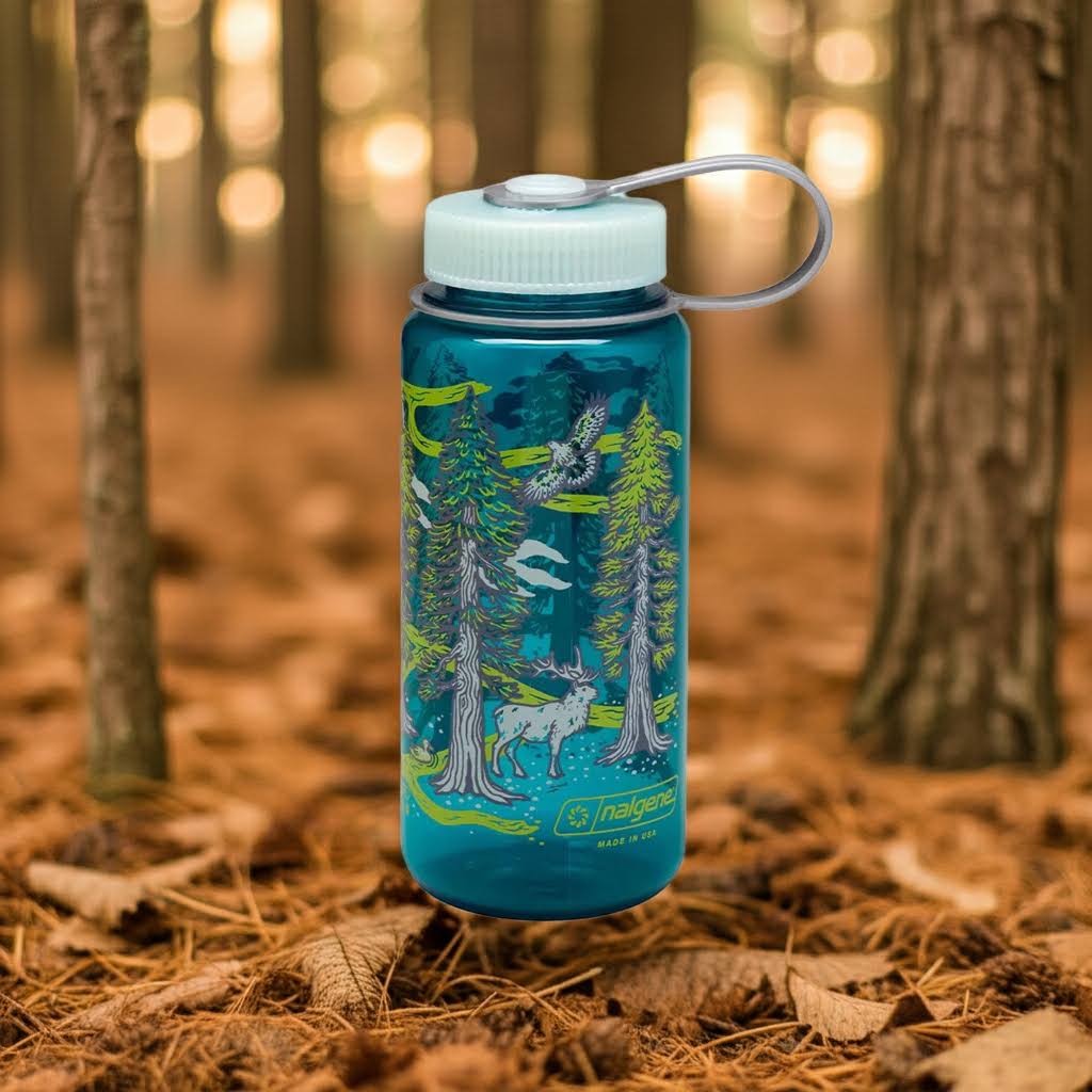 Forager Provisions LTD Mustard Beetle 16oz Nalgene water bottle with redwoods forest art and platinum lid in woods.