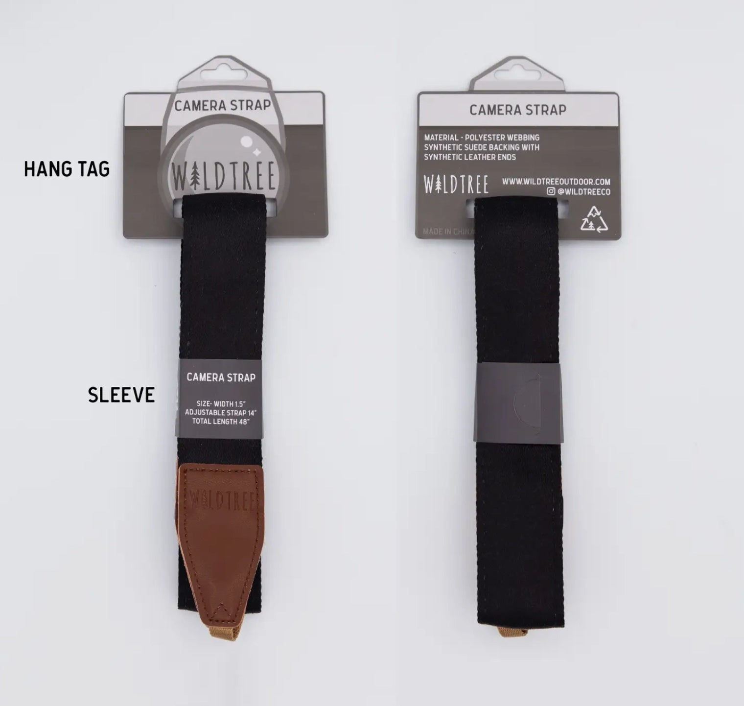 Camera strap with sleeve on a white background, featuring WildTree branding.