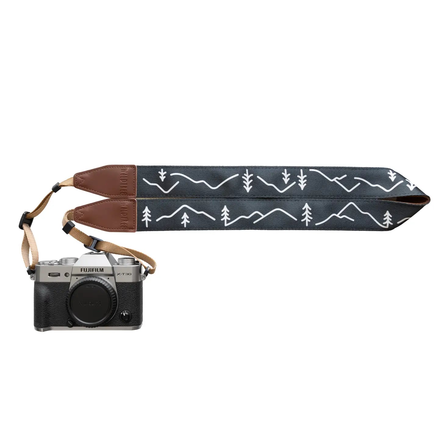 Black Fujifilm camera with Wildtree Mountain strap, white tree pattern, durable polyester—perfect for outdoor photography gear.