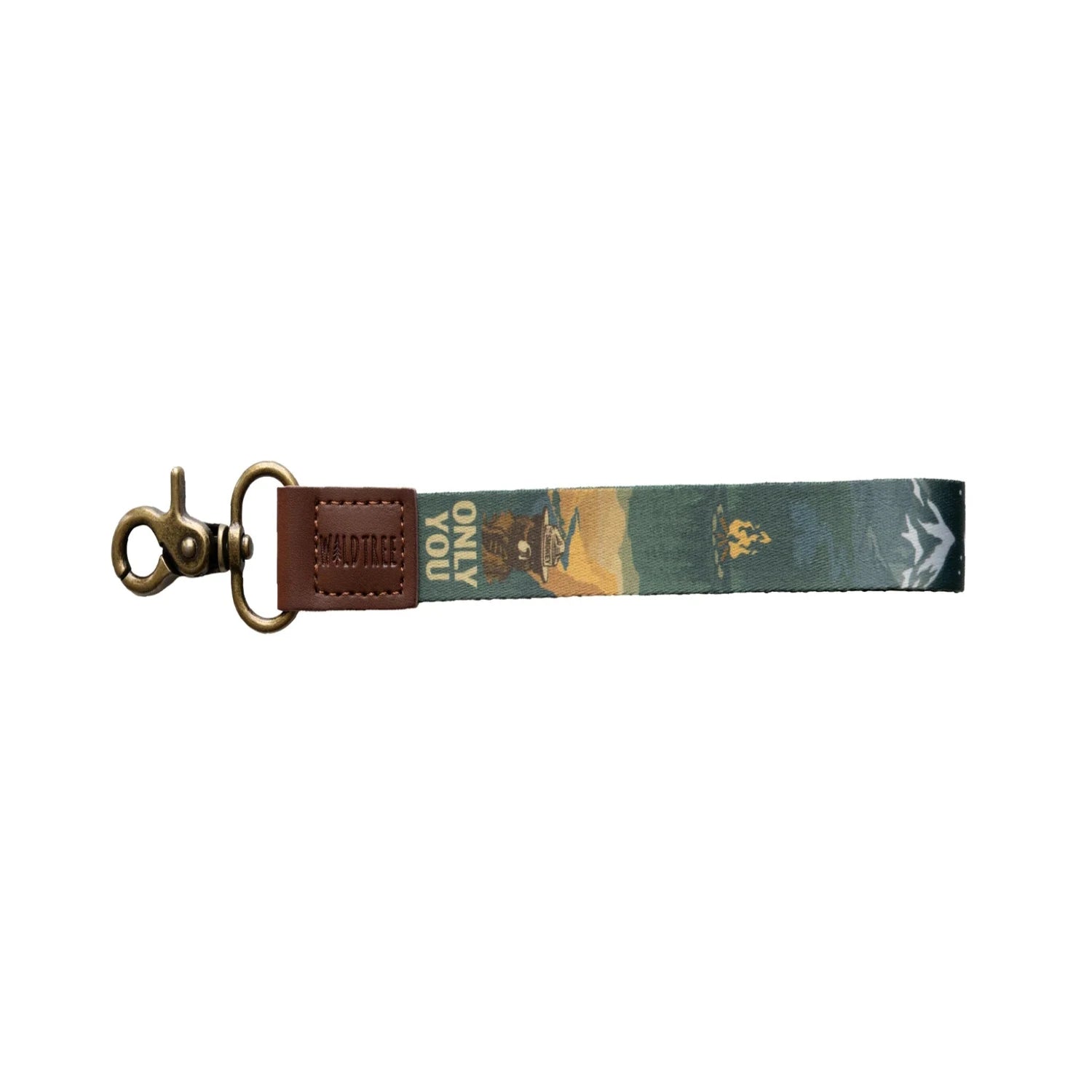Wildtree Smokey Bear keychain with fabric strap, leather detail, metal clasp, and vibrant bear design—unique gift accessory.