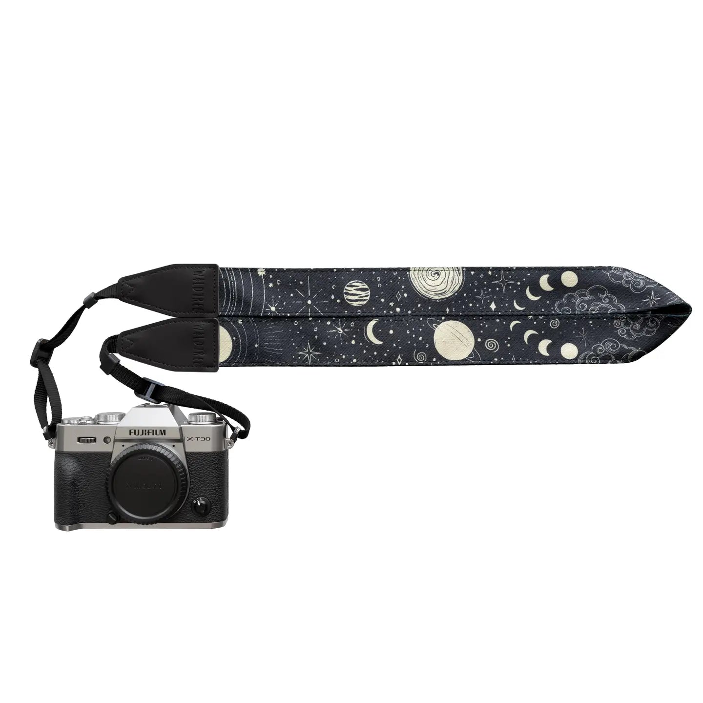 Fujifilm camera with Wildtree Sun & Moon Camera Strap, adorned with white celestial designs—perfect for photography lovers.