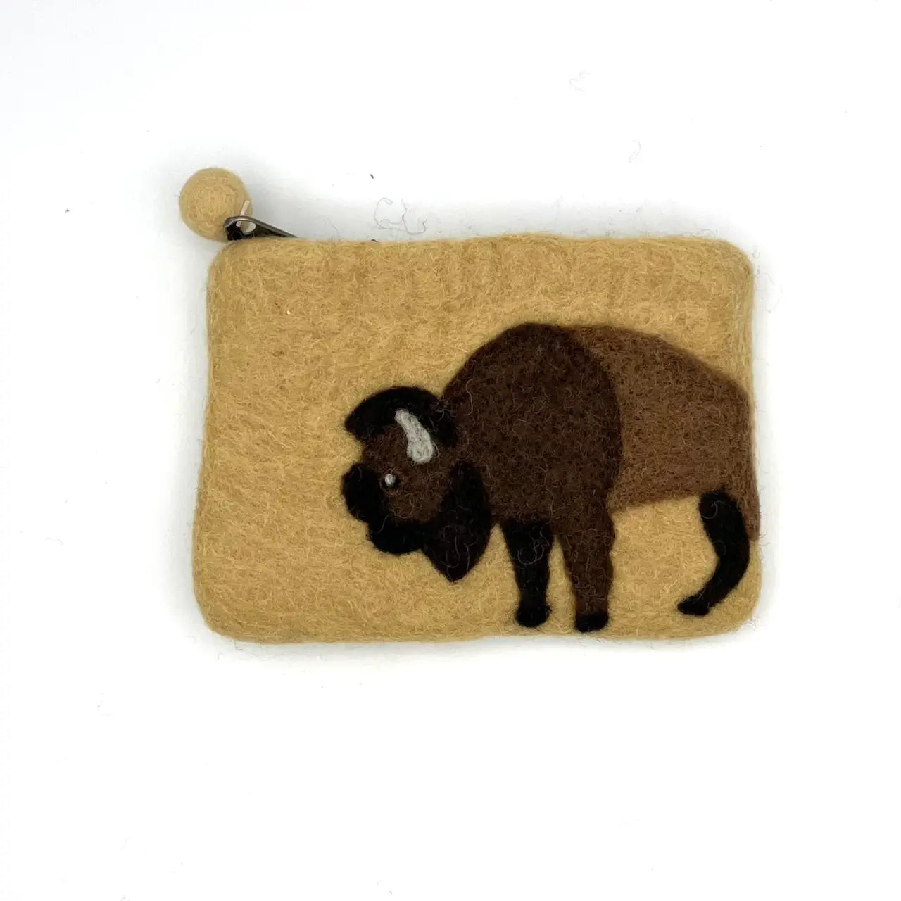Ethical wool coin purse with beige buffalo design, handcrafted by Women of the Cloud Forest, fair trade and eco-friendly.