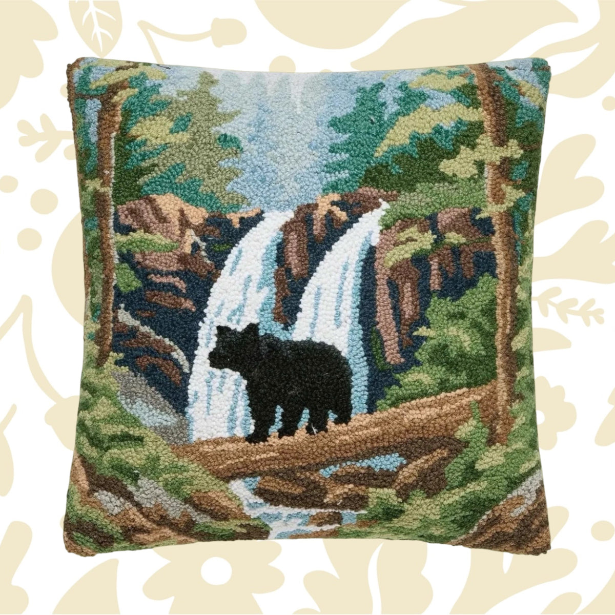 Forager Provisions LTD Peking Handicraft square wool hooked cushion featuring a bear standing by a forest waterfall.