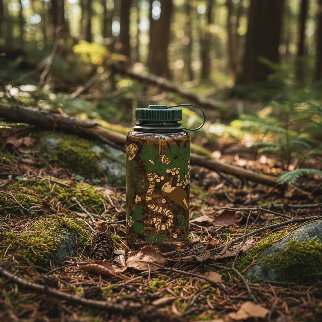 Forager Provisions LTD Mustard Beetle 32oz wide mouth Nalgene water bottle with Alpine Forest print in a forest setting