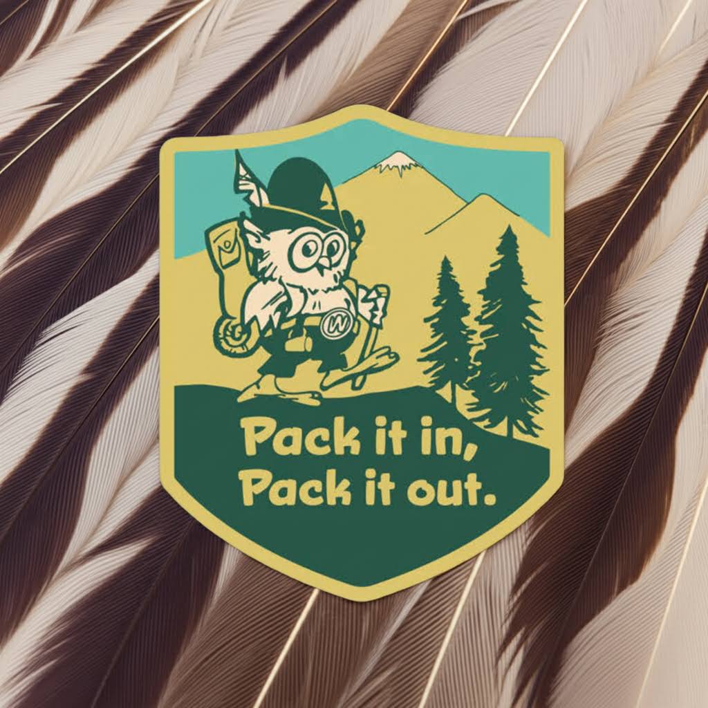 Forager Provisions LTD Woodsy Owl vinyl sticker featuring a shield shape, mountain landscape, and leave no trace text.
