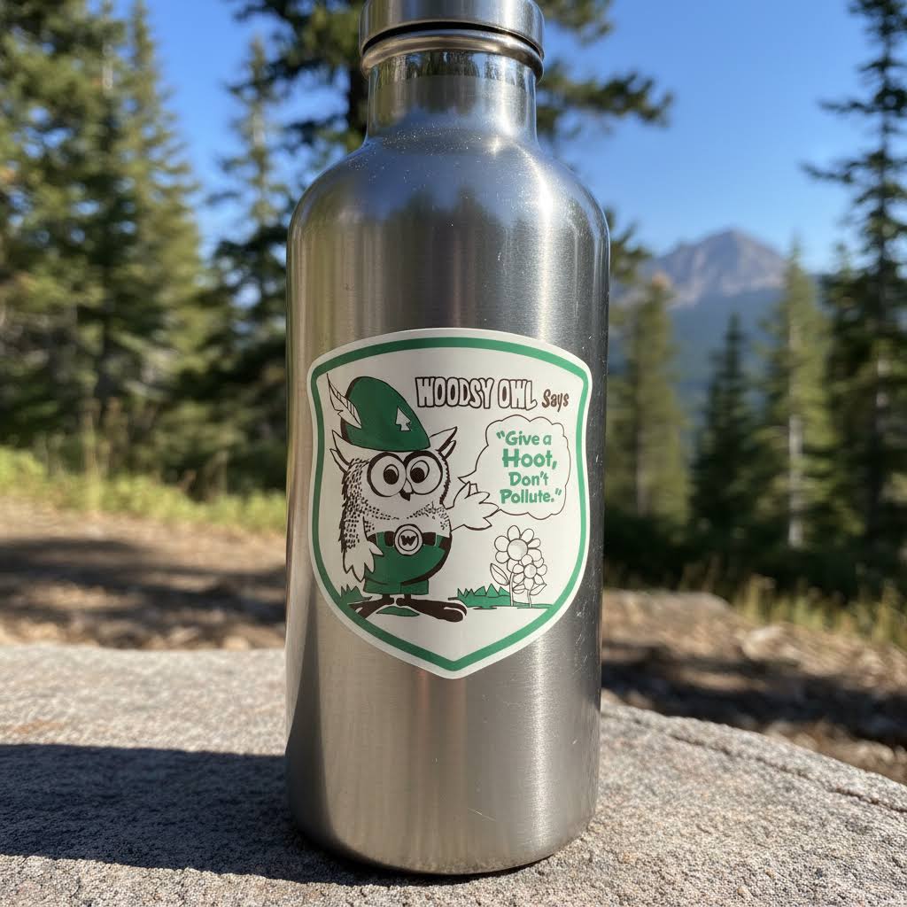 Forager Provisions LTD Woodsy Owl vinyl sticker on a metal water bottle with a forest and mountain background.