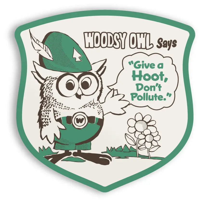 Eco-friendly Woodsy Owl vinyl sticker with ‘Give A Hoot Don’t Pollute’ slogan, hat and belt—The Landmark Project design.