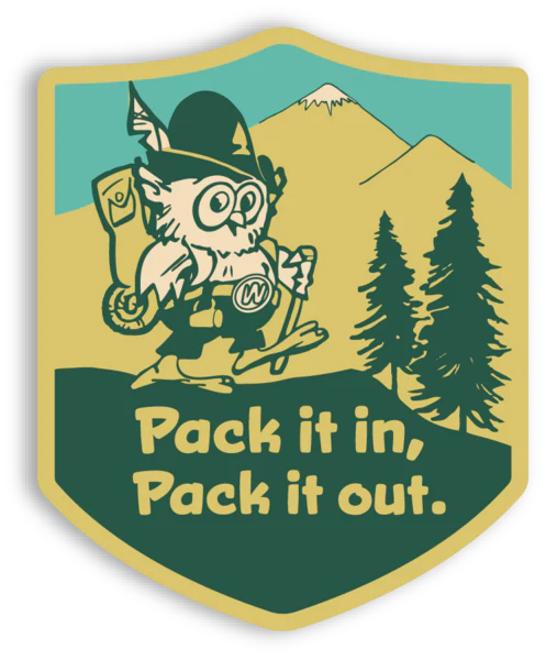 Woodsy Owl hiking sticker with gear, trees, and mountain—Pack It In Pack It Out eco message by The Landmark Project.