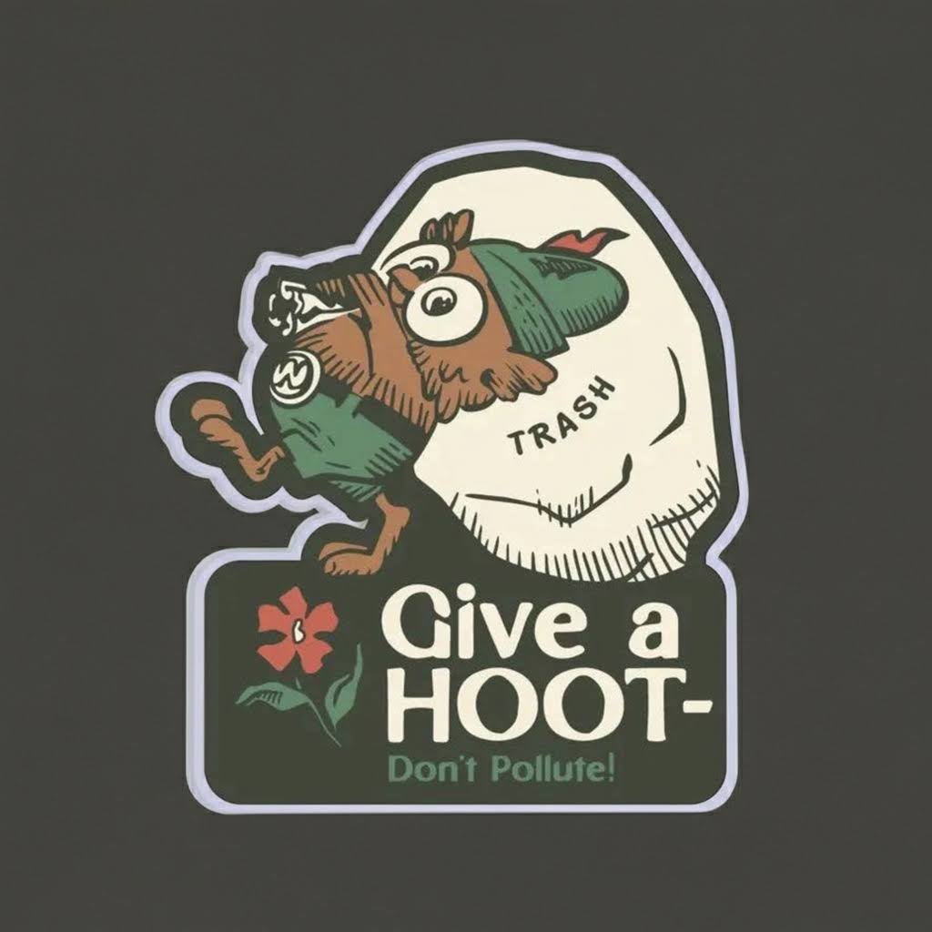 Forager Provisions LTD vinyl sticker featuring retro Woodsy Owl artwork with the text Give a Hoot Don't Pollute