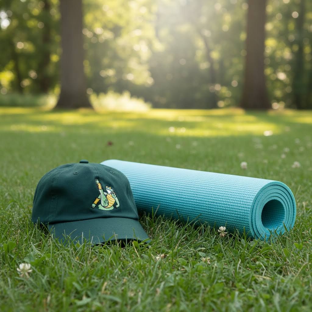 Forager Provisions LTD green cotton dad hat with frog embroidery sitting on grass next to a rolled blue yoga mat.