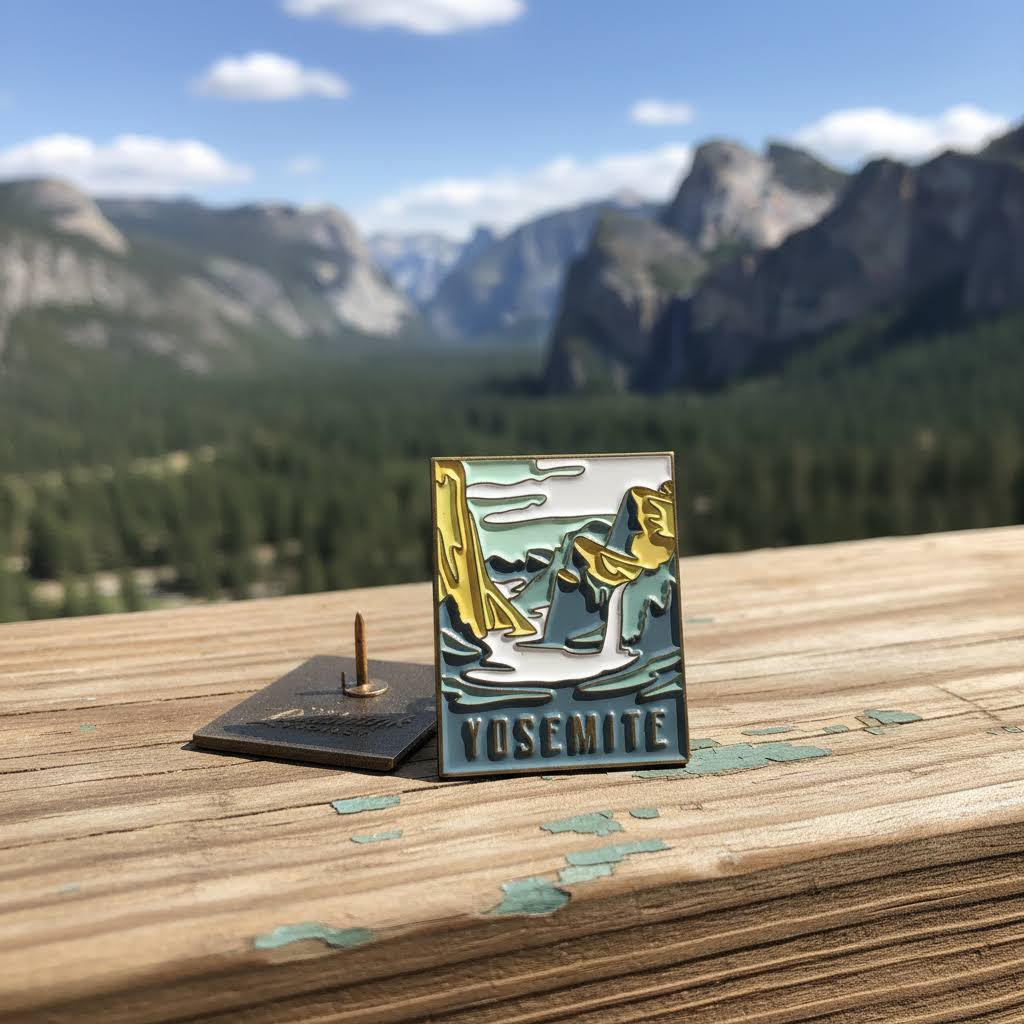 Forager Provisions LTD Yosemite National Park enamel pin featuring a mountain landscape on a wooden railing