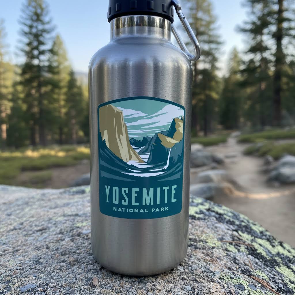 Forager Provisions LTD Yosemite National Park sticker on a stainless steel water bottle in a forest setting