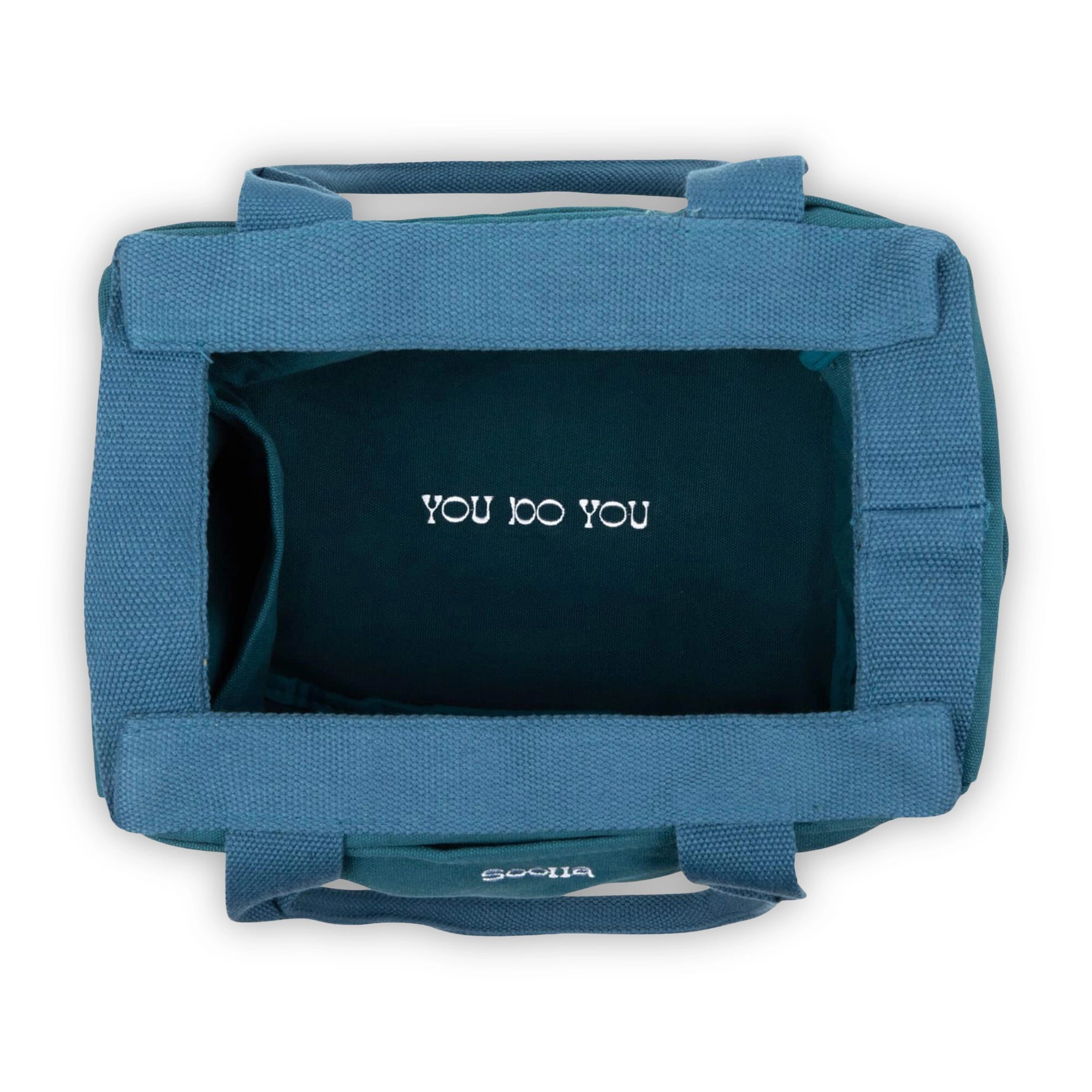 Top view of Soolla Studio Aquamarine Pottery Art Bag with âYOU DO YOUâ in bold white, ideal for artists and creative storage.