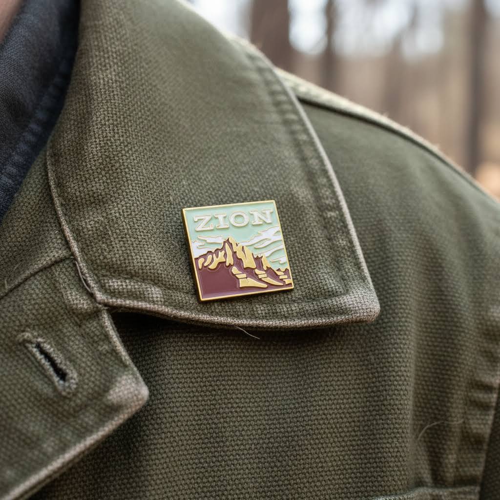 Forager Provisions LTD Zion National Park enamel pin attached to a green canvas jacket collar
