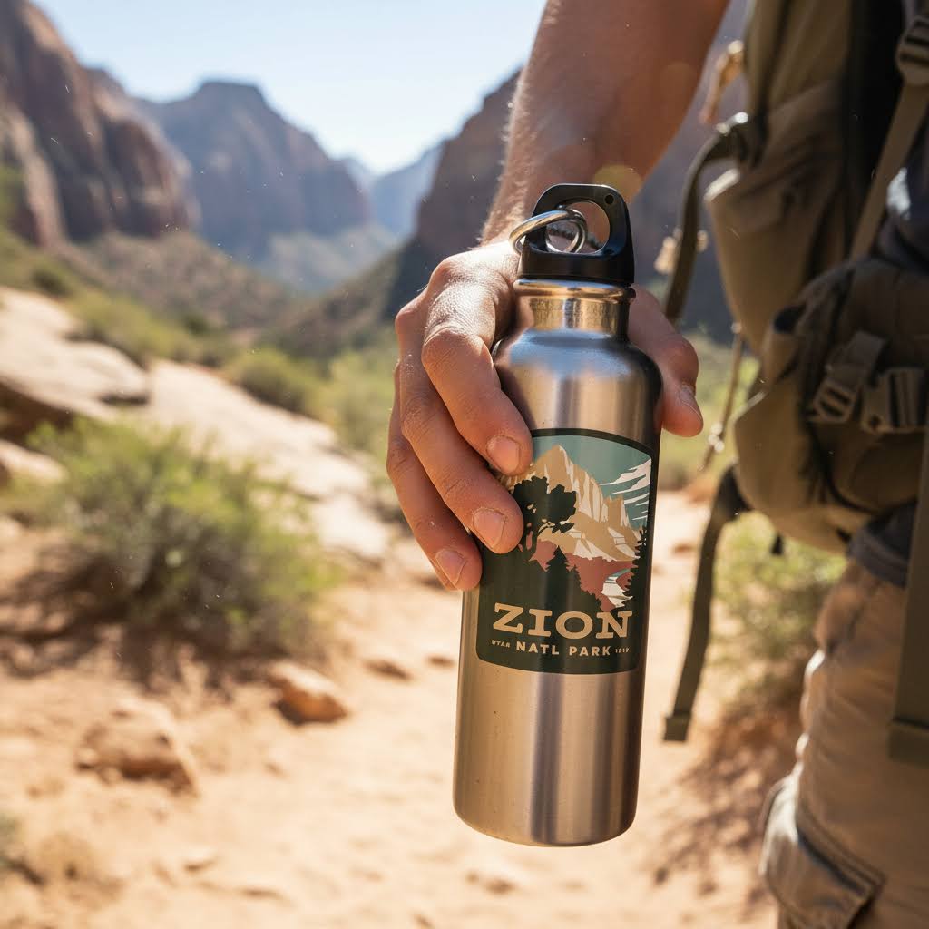 Forager Provisions LTD Zion National Park sticker on a stainless steel water bottle held by a hiker in the desert.