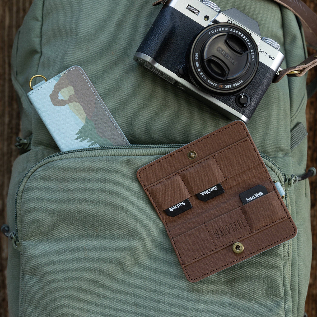 Forager Provisions LTD Wildtree card holder with SD cards, shown open and closed on a green backpack next to a camera.
