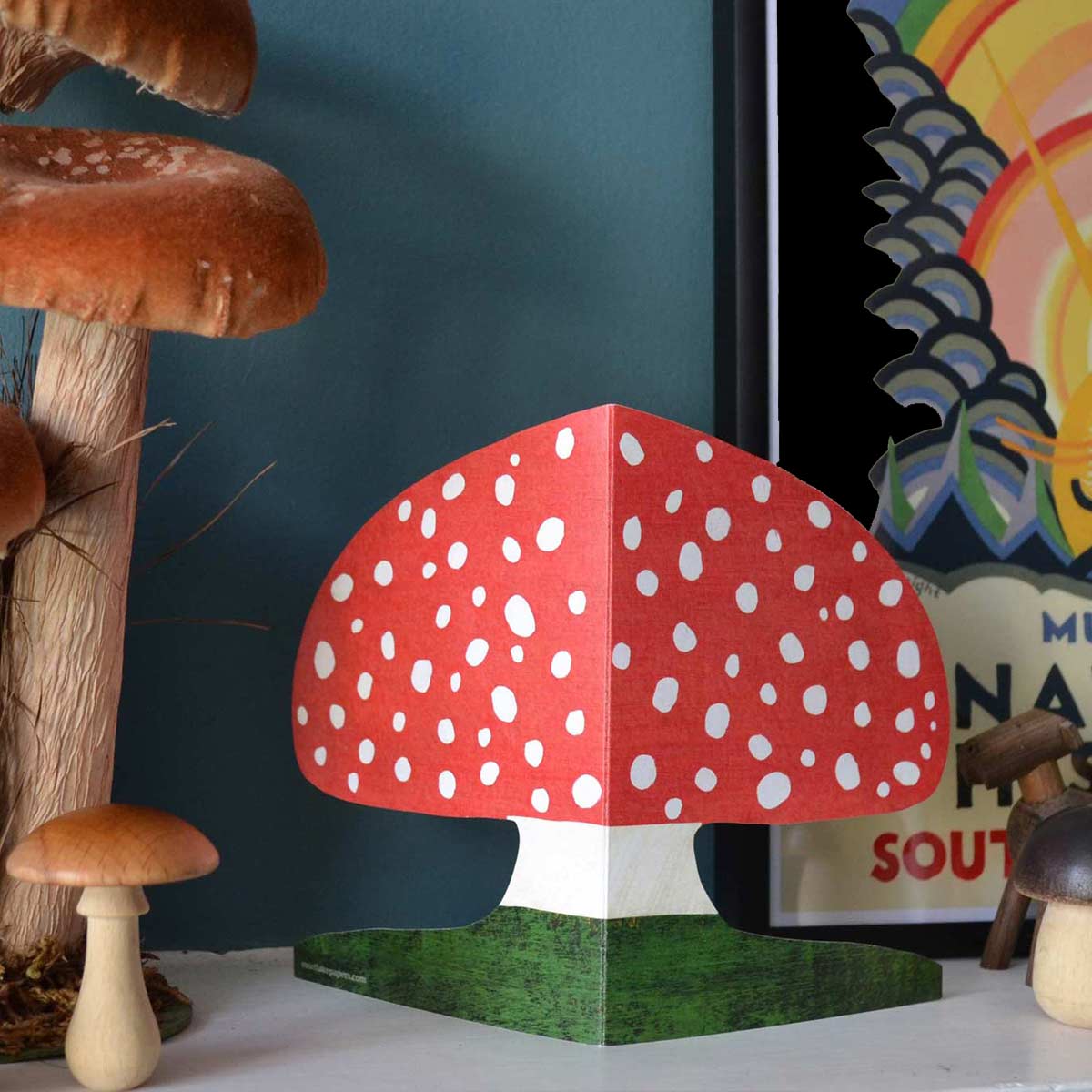 Eco-friendly Mortlake Papers Red Cap Mushroom Greeting Card adds whimsical charm to shelf décor, art displays, and home gifting.
