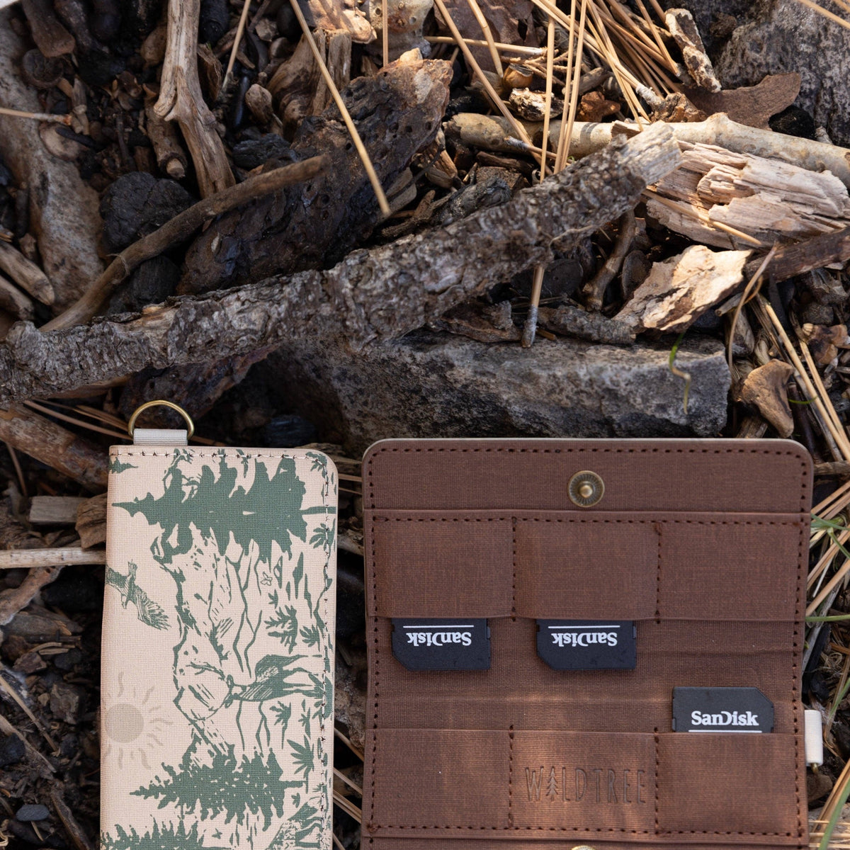 Forager Provisions LTD Wildtree card holder with woodland landscape print, open to show SD card slots on brown interior.