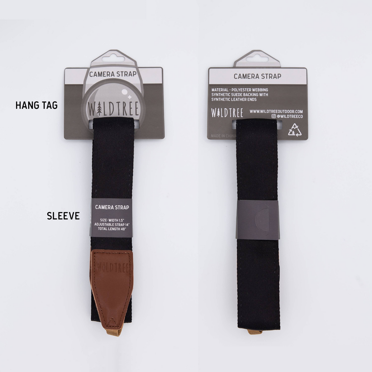 Forager Provisions LTD Wildtree camera strap with black polyester webbing, brown faux suede, and synthetic leather ends