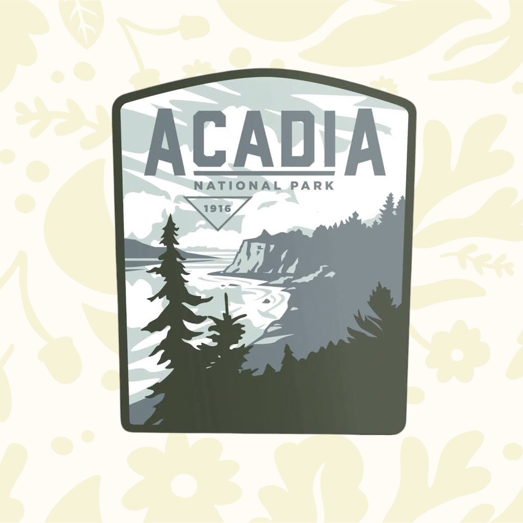 Forager Provisions LTD Acadia National Park vinyl sticker featuring a scenic coastal landscape illustration