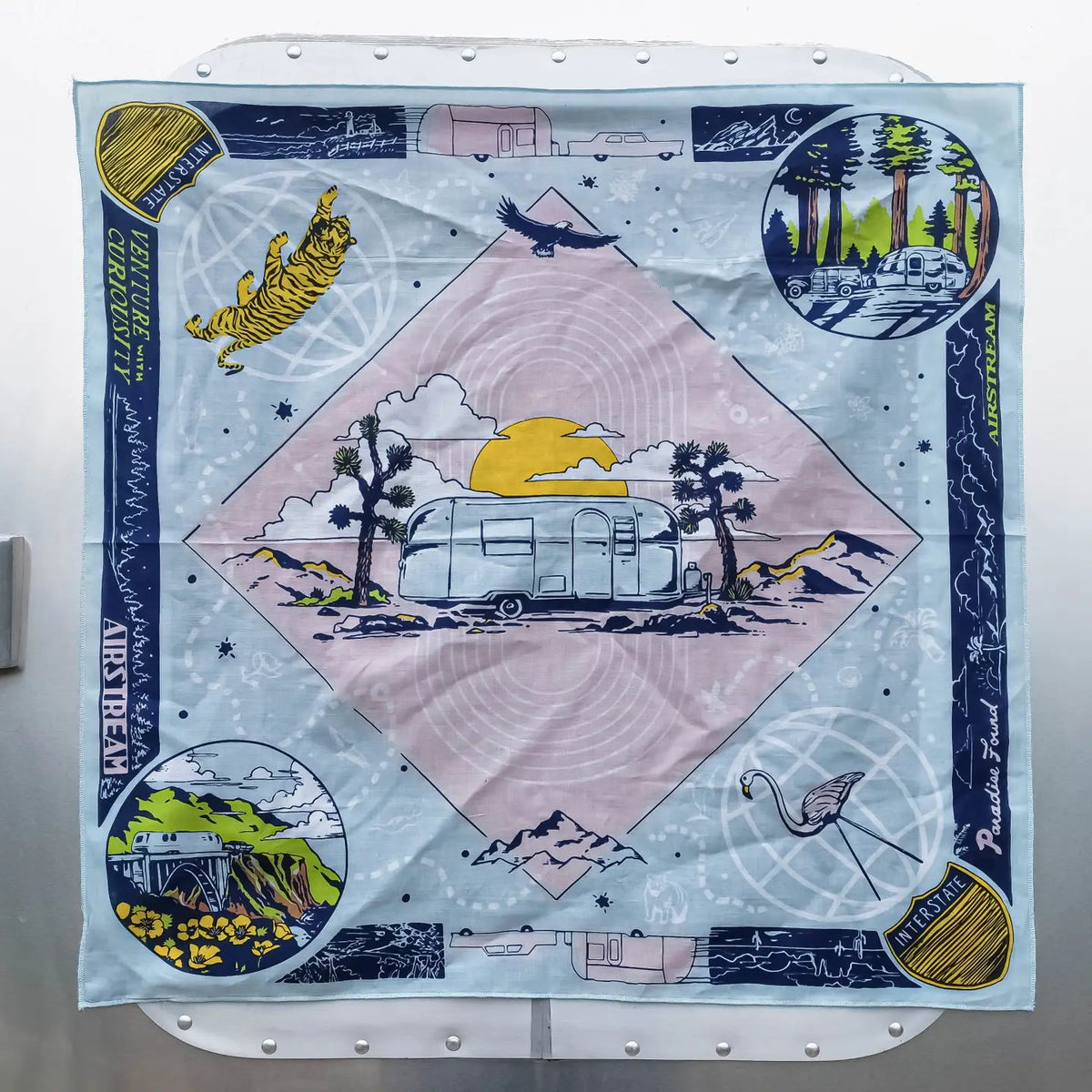 Forager Provisions LTD Venture With Curiosity organic cotton bandana featuring Airstream travel trailer graphics.
