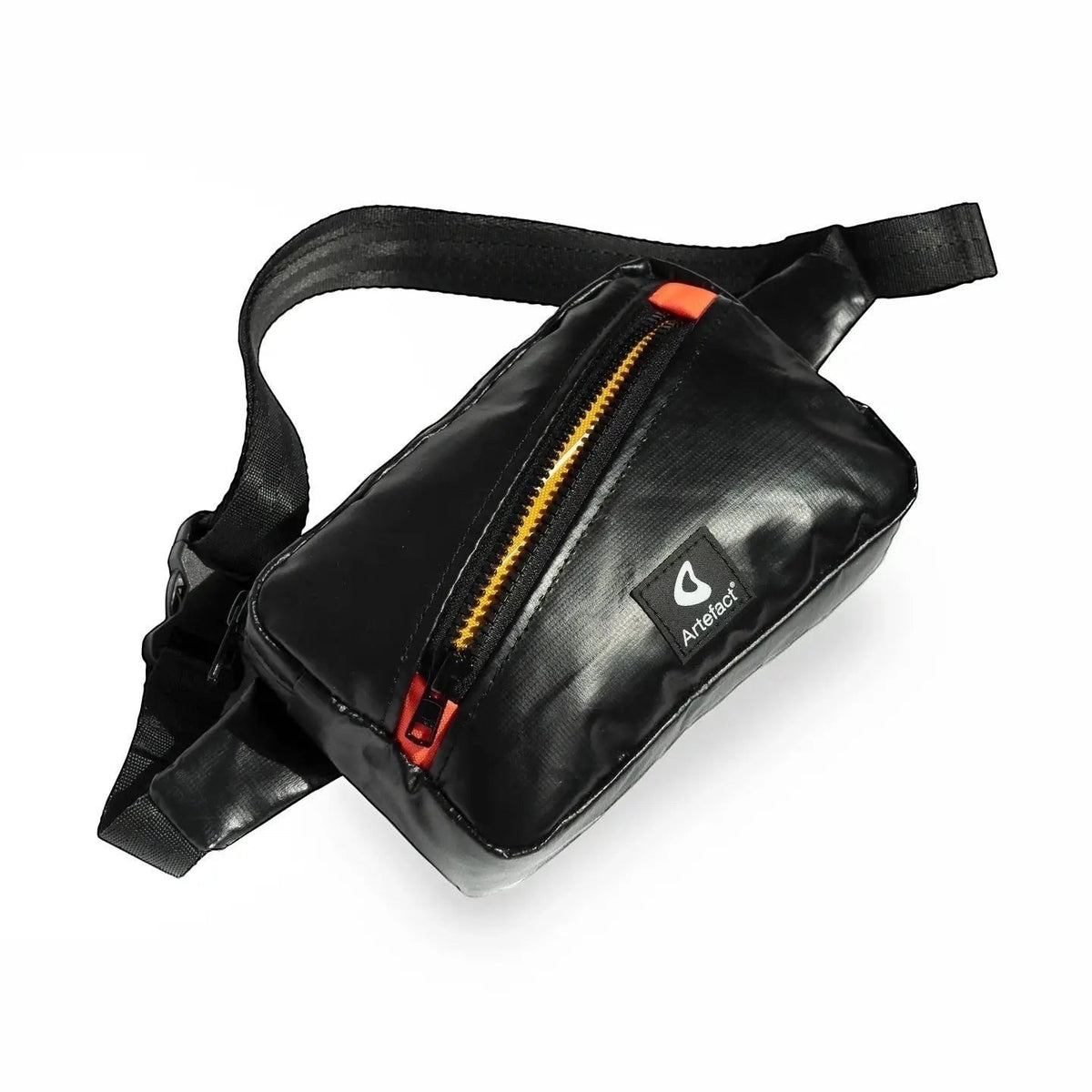 Forager Provisions LTD Artefact Eco black recycled material banana sling bag with orange zip detail and adjustable strap