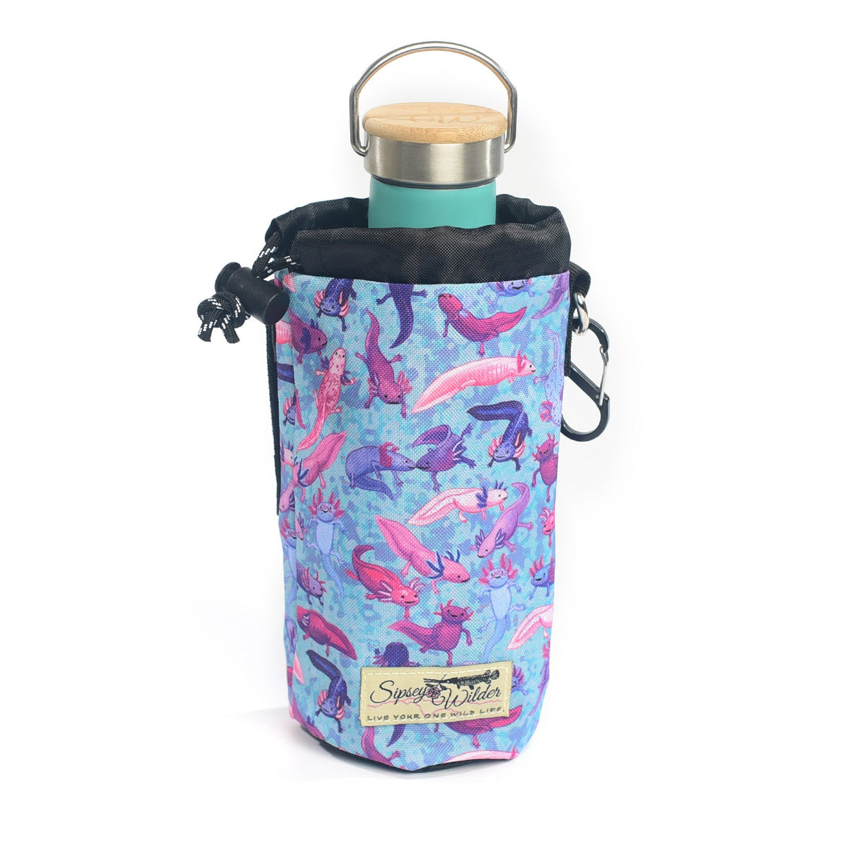 Forager Provisions LTD Sipsey Wilder axolotl print water bottle holder with a teal bottle and adjustable waist strap.