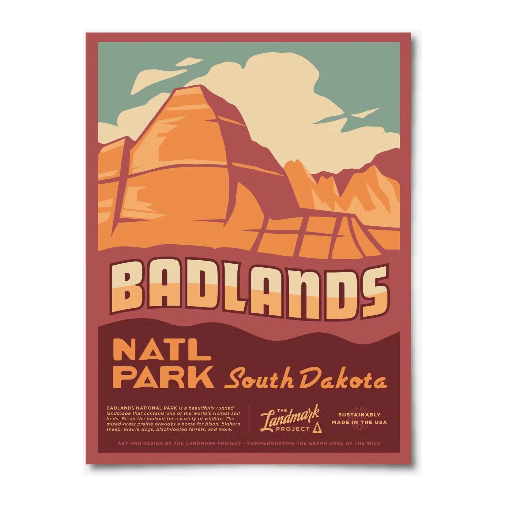 Forager Provisions LTD Badlands National Park poster featuring illustrated buttes and spires in warm sunset tones.