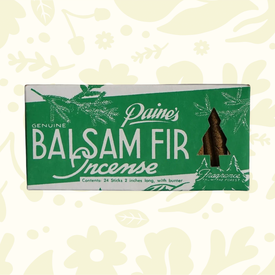 Forager Provisions LTD Paines Products balsam fir incense box with 24 sticks and a burner for a woodland scent.